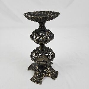 Brass Filigree Candle Holder Pierced Pillar Candlestick Moroccan Boho Old Patina